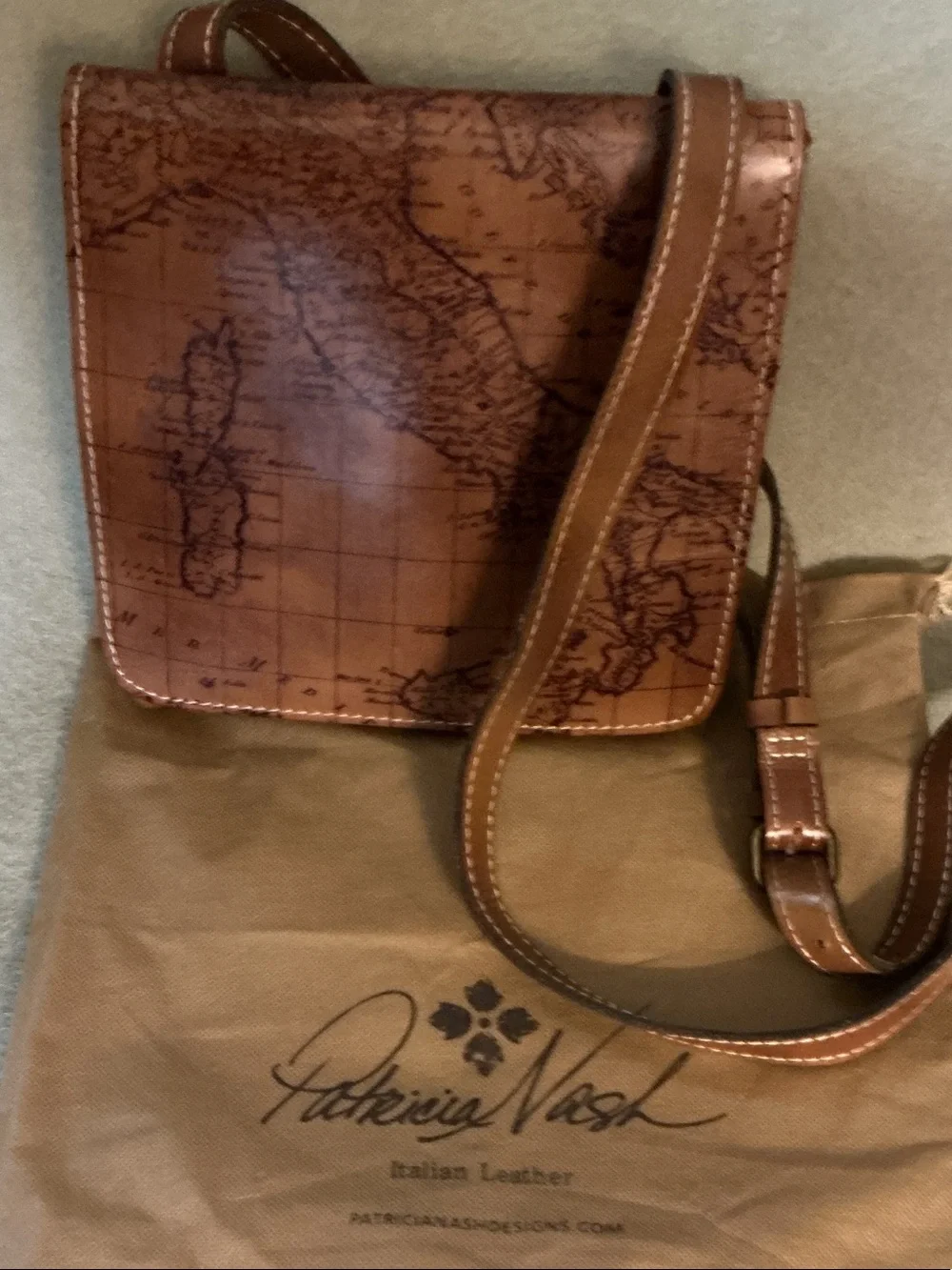 Patricia Nash Cognac Map-Print Leather Messenger Crossbody